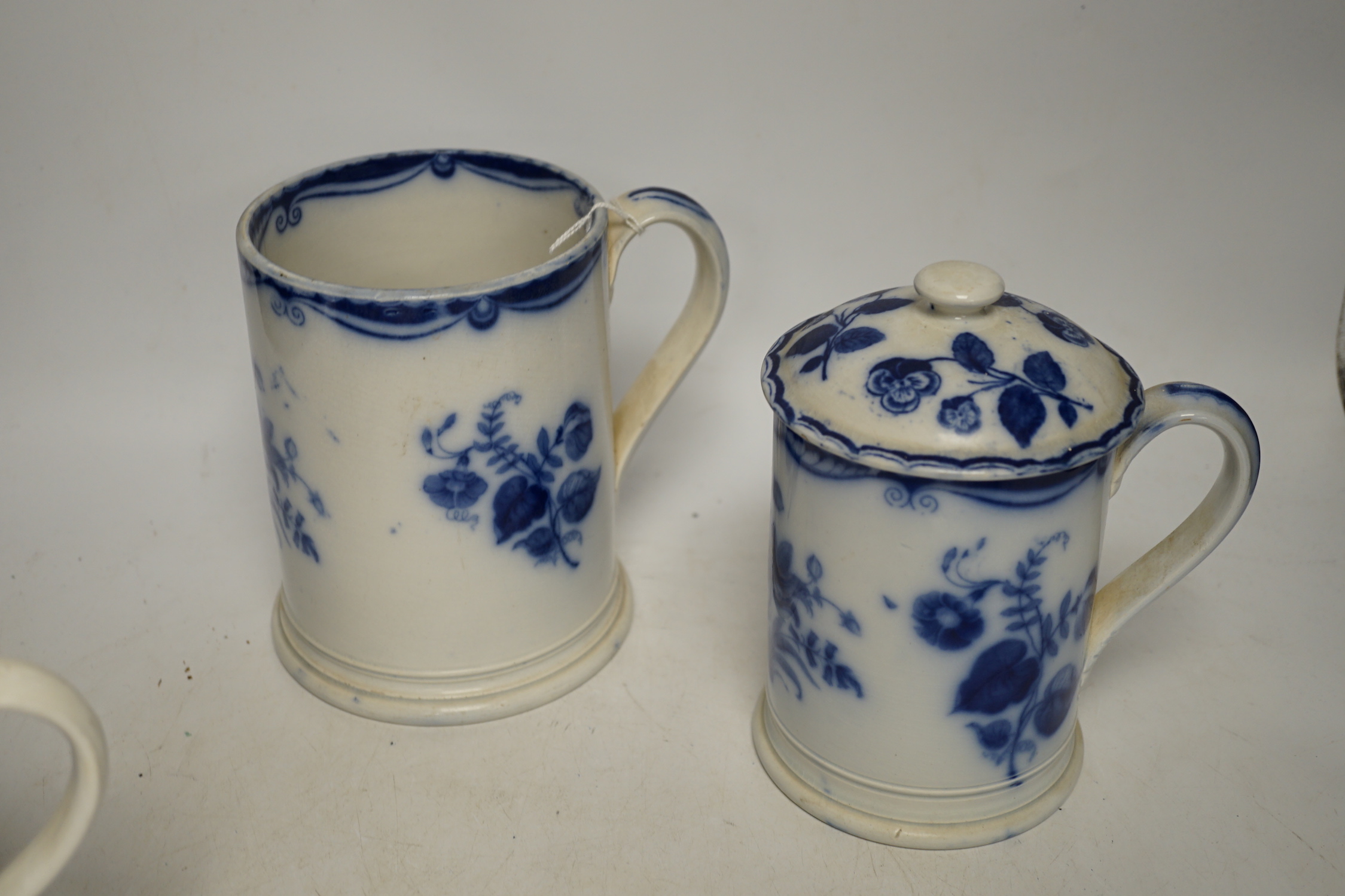 Three Coalport pine cone pattern graduated mugs and two pottery mugs (5)